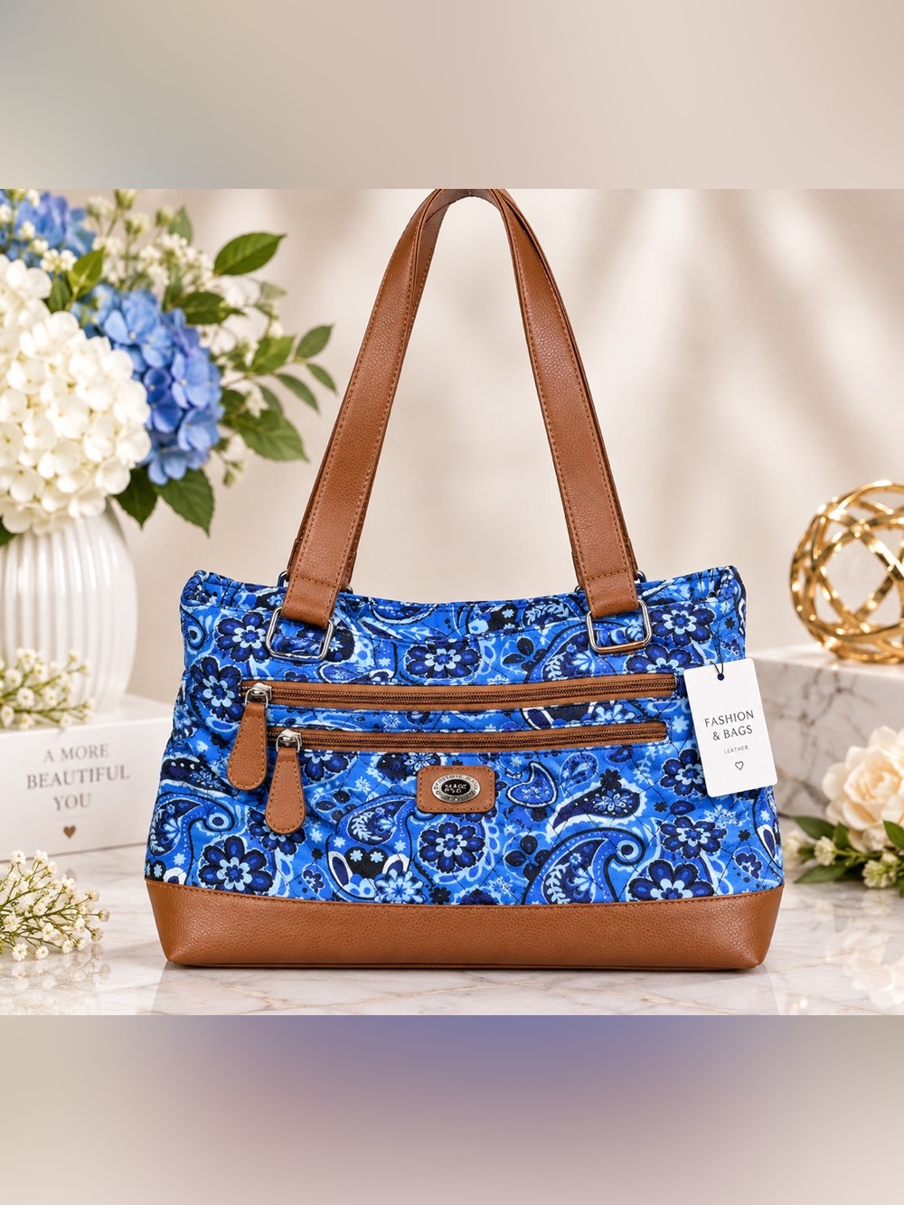 Blue Floral Tote with Brown Trim